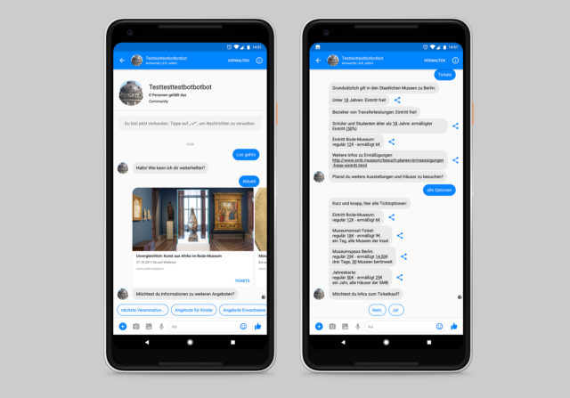Im Messenger sind Nutzer*nnenanfragen blau gekennzeichnet, die Antworten des Bots sind grau unterlegt. Am unteren Rand des Devices sind die Antwortmöglichkeiten der Nutzer*nnen zu sehen. Linker Screen: eine Übersicht aktueller Ausstellungen; rechts: eine Übersicht zu Preisen und Tickets im Dialog. Visualisierung: Staatliche Museen zu Berlin / Timo Schuhmacher, CC: BY-NC-SA